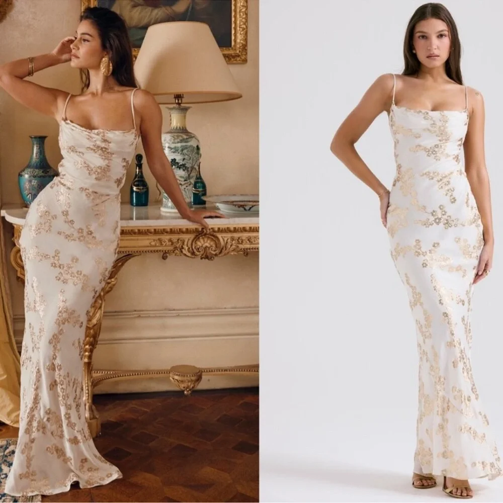 HOUSE OF CB 'Capriana' White & Gold Jacquard Satin Gown NWOT